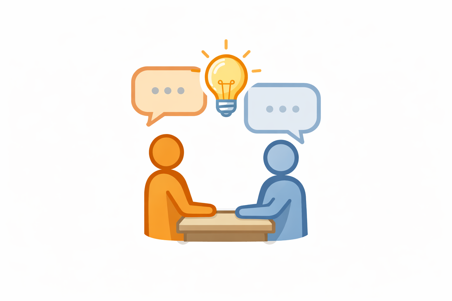 Two people seated across a table with speech bubbles above them, representing a structured conversation and shared discussion.
