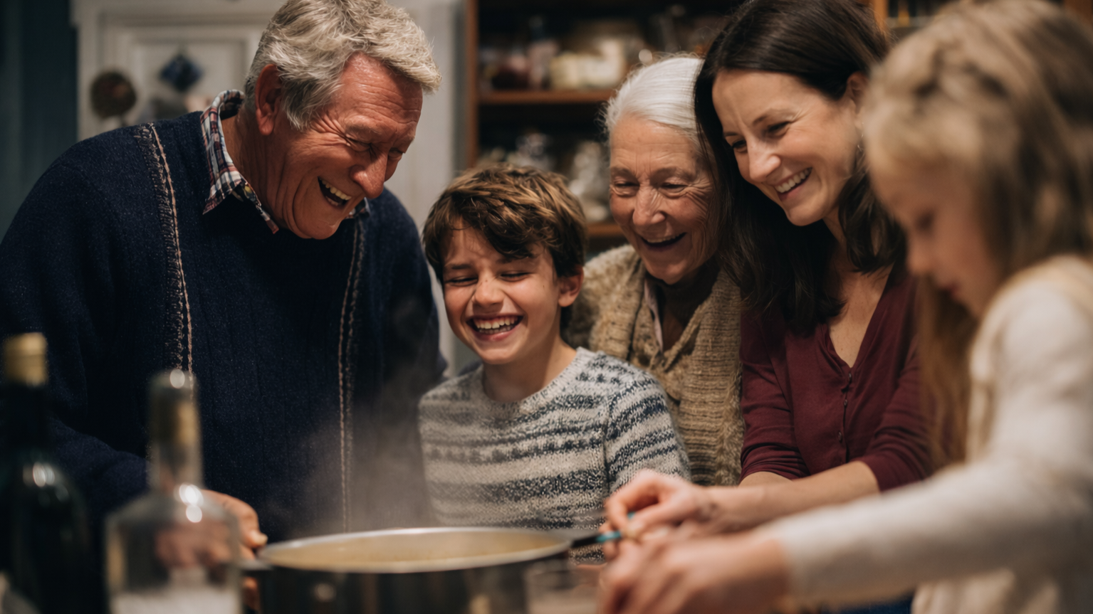 Grandparents with 2 children and Mum laughing and having fun in the kitchen.