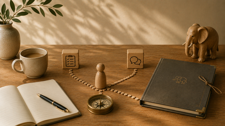 A warm tabletop scene representing one person choosing between Fast Track and Guided will-writing routes
