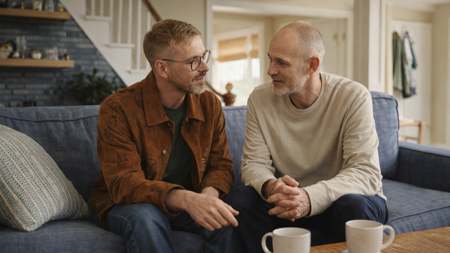 Two middle-aged men sitting side-by-side on a sofa in a modest living room, talking quietly with mugs of tea on a coffee table in natural daylight.