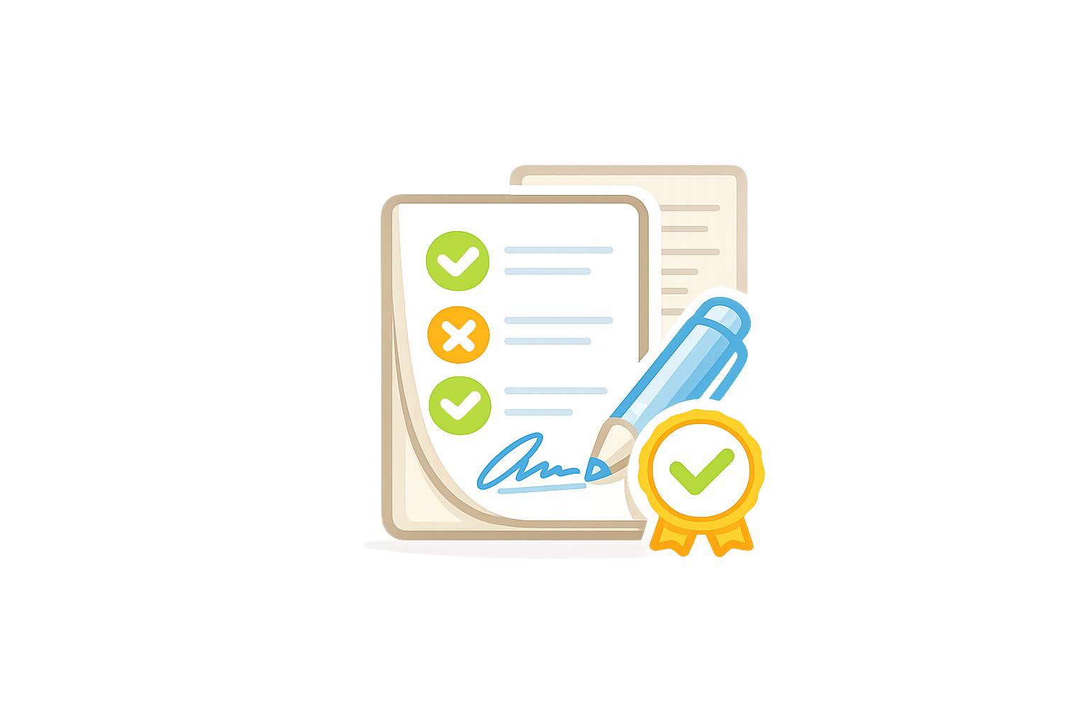 Digital illustration of a checklist with green checkmarks, a red cross, a blue pen, and a yellow badge with a green checkmark, representing task completion and certification.