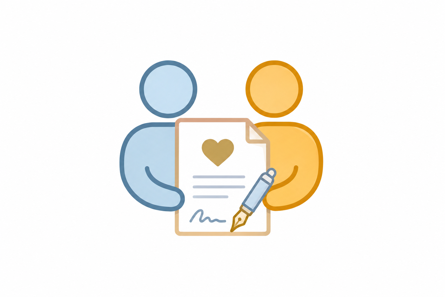 Two stylized human figures, one blue and one yellow, holding a document with a heart symbol and a fountain pen.
