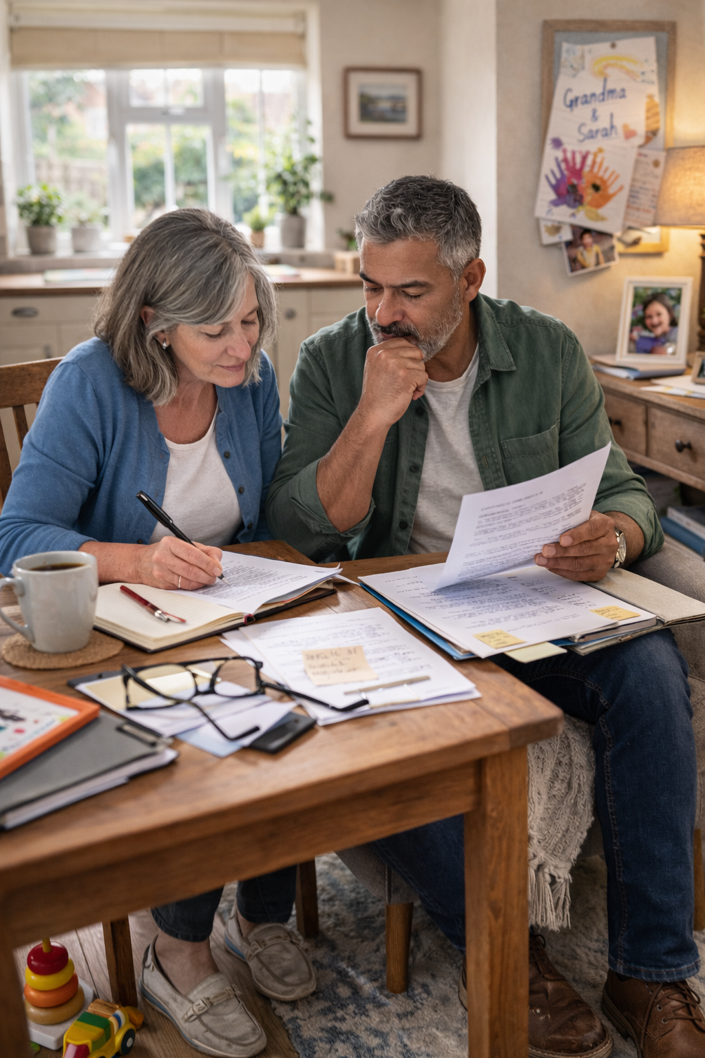 Middle-aged couple seated at a wooden table in a modest home, reviewing documents together while one makes notes and the other reads carefully, with children’s drawings and toys visible in the background.