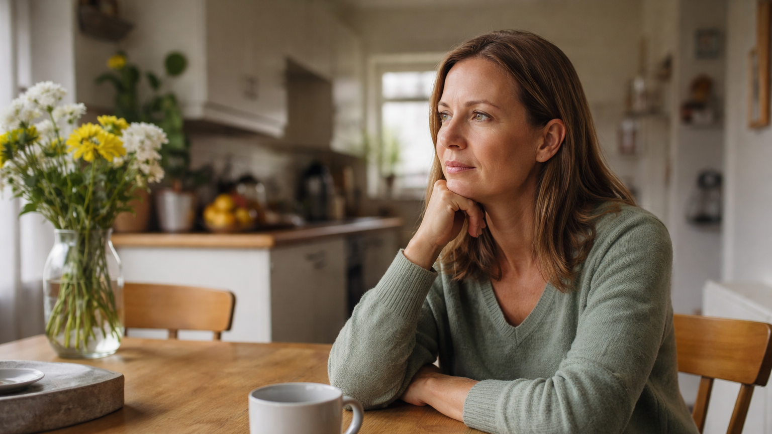 Single woman in her 40s sitting thoughtfully at a kitchen table in a modest home, looking out of the window in natural light.
