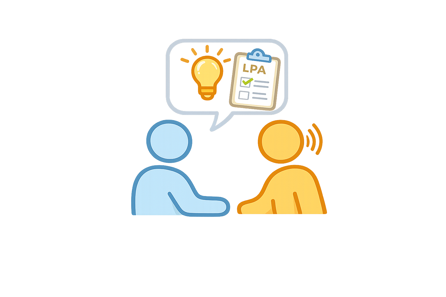 Two simplified human figures, one blue and one orange, sit across from each other at a table during a discussion. Above them, a speech bubble contains icons of a lightbulb and a clipboard marked 'LPA' with a checkmark, indicating an idea or plan being discussed.