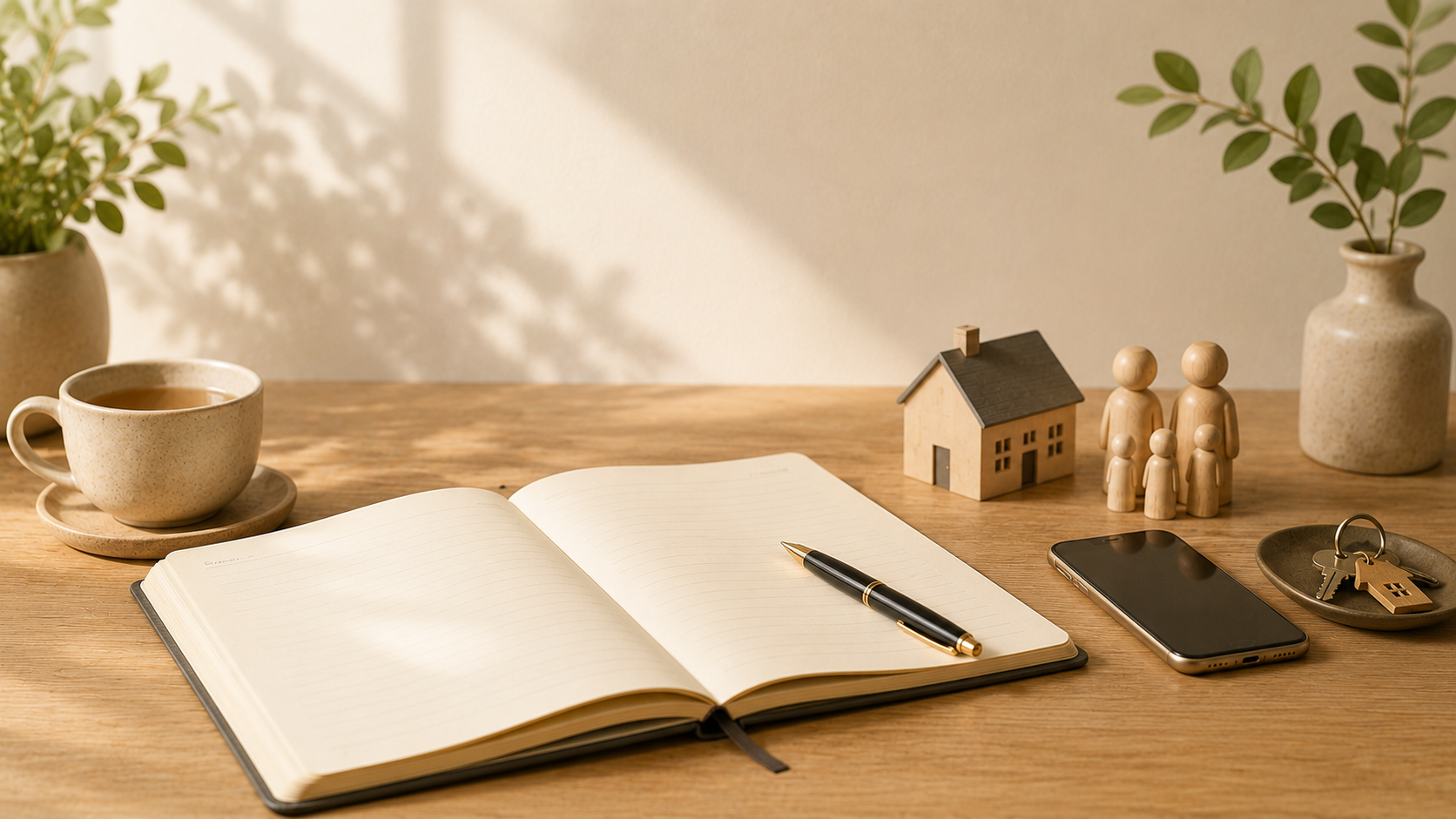 A wooden desk with a beige notebook, black pen, smartphone, and decorative items including a house model, wooden figures, two vases with green plants, a cup of tea or coffee with a saucer, and a small dish with keys and a house keychain.