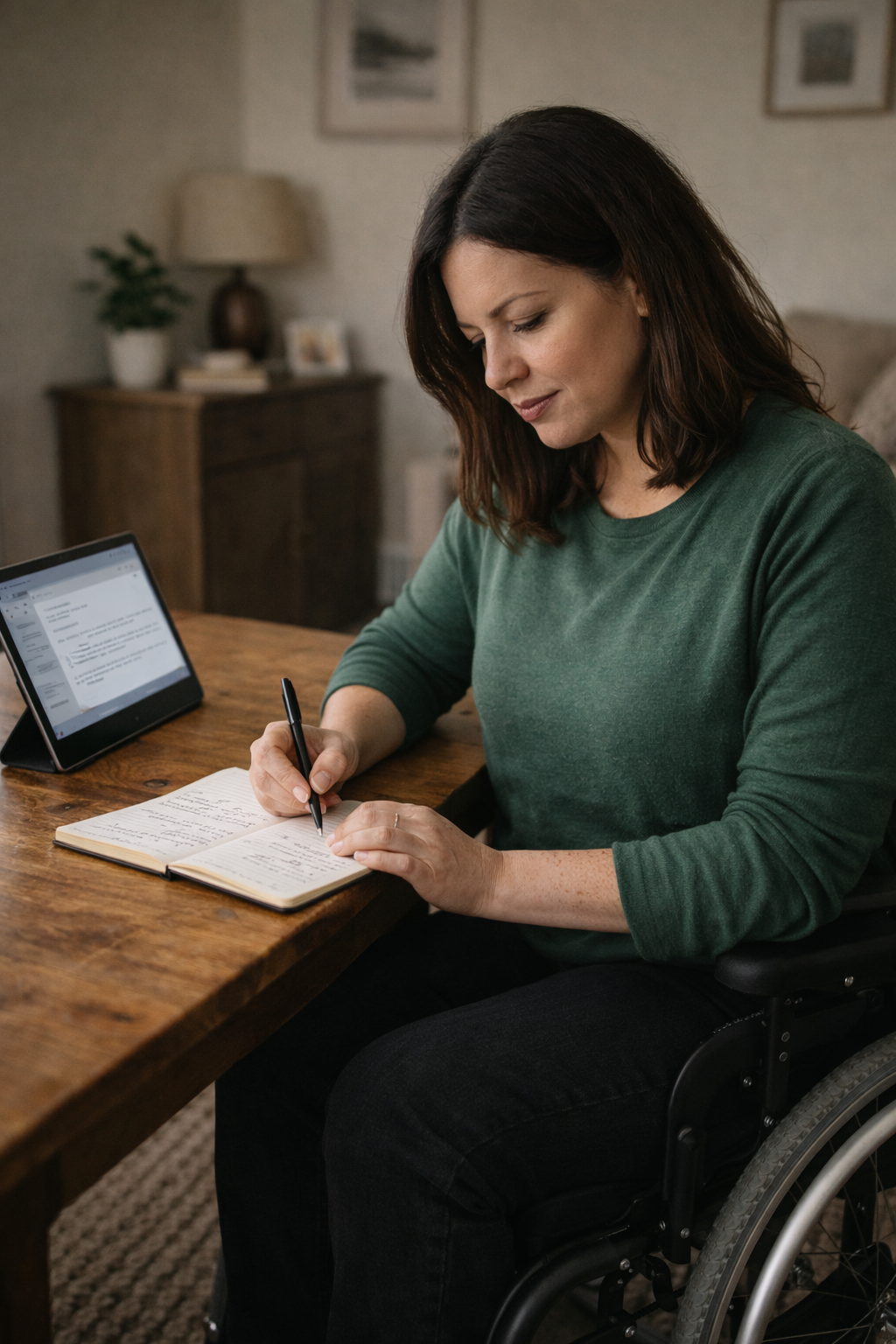 Disabled woman making notes from her laptop.