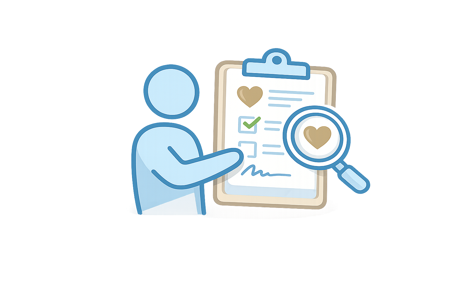 Illustration of a person reviewing a report with a magnifying glass highlighting a heart symbol, signifying health or love. The report has a checklist and a large magnifying glass focusing on a heart icon.