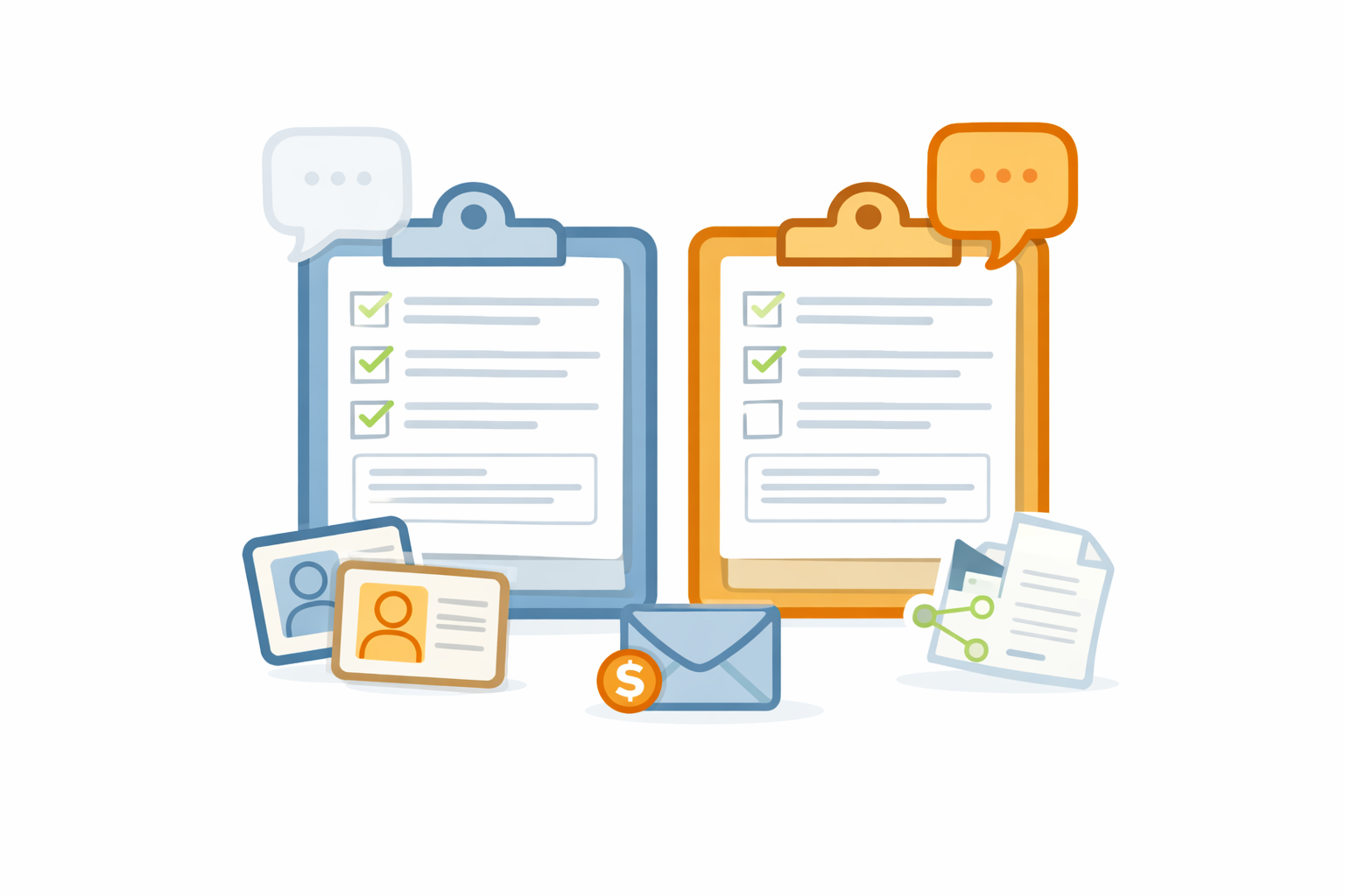Illustration of two side-by-side online forms on clipboards, each with checkboxes and text fields, representing two people submitting their wishes in writing.