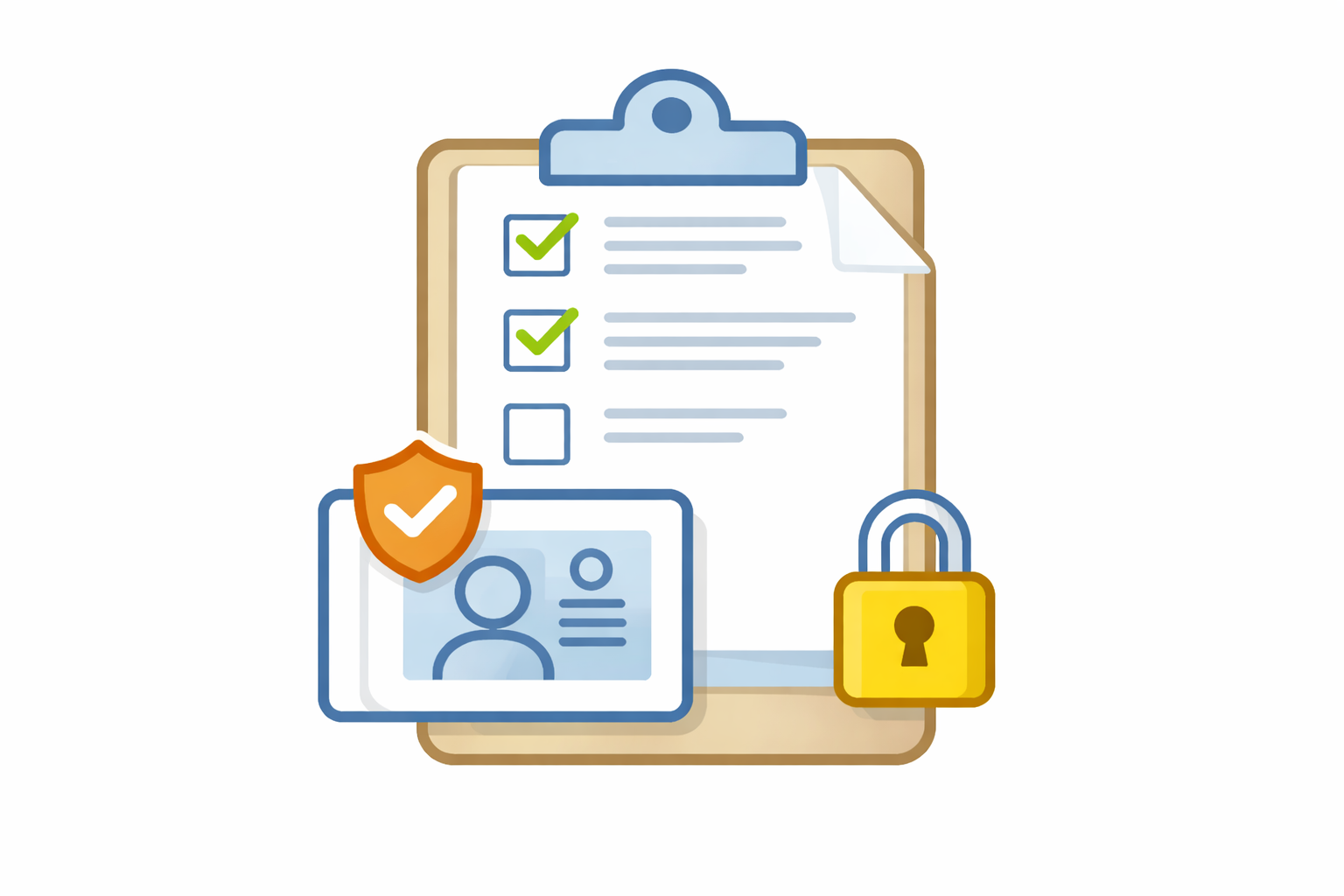 Clipboard with checklist, ID card and padlock symbol representing secure onboarding and identity checks.