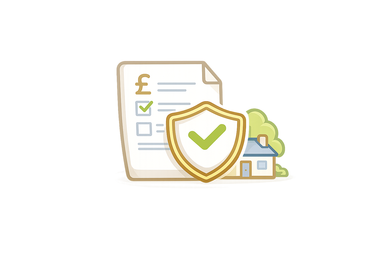 Illustration depicting home insurance with a document showing check marks, a shield with a check mark, a house, and a safe neighborhood background.