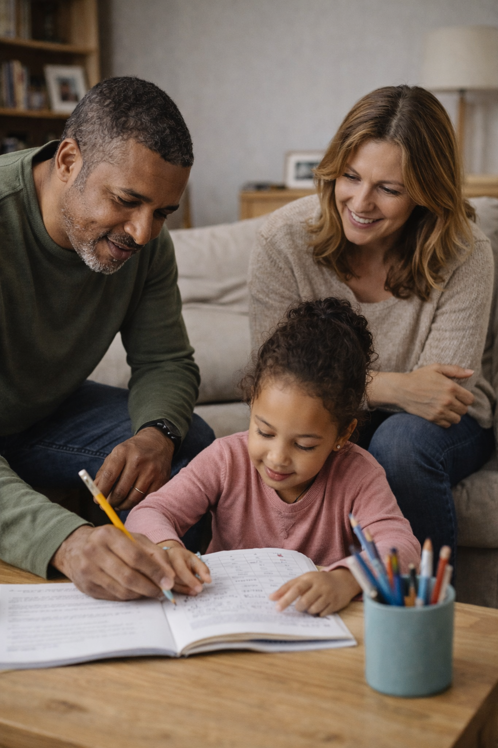 A Black British man and a white woman in their 30s–40s sit with their young daughter in a modest living room, with the man helping the child with homework while the woman looks on.