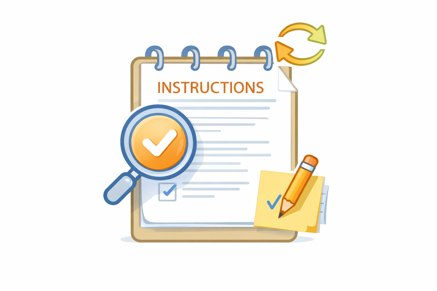 Notepad with checklist and magnifying glass, representing clarification and confirmation of instructions before drafting.