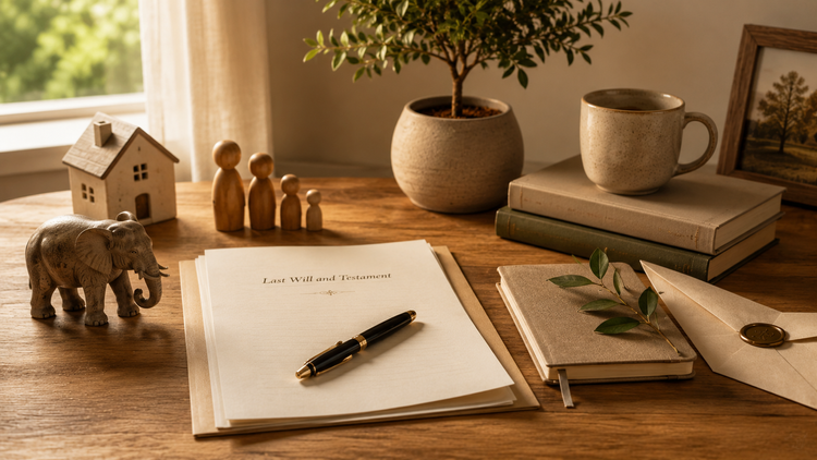 A warm tabletop scene representing one person choosing between Fast Track and Guided will-writing routes