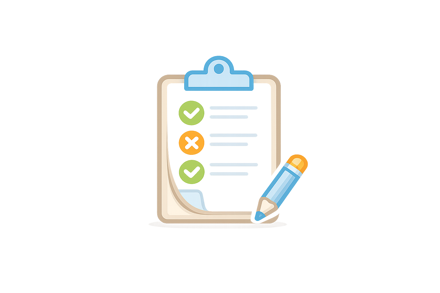 A checklist on a clipboard with green checkmarks and a red cross, with a hand holding a large blue marker, in a vibrant colorful digital illustration.