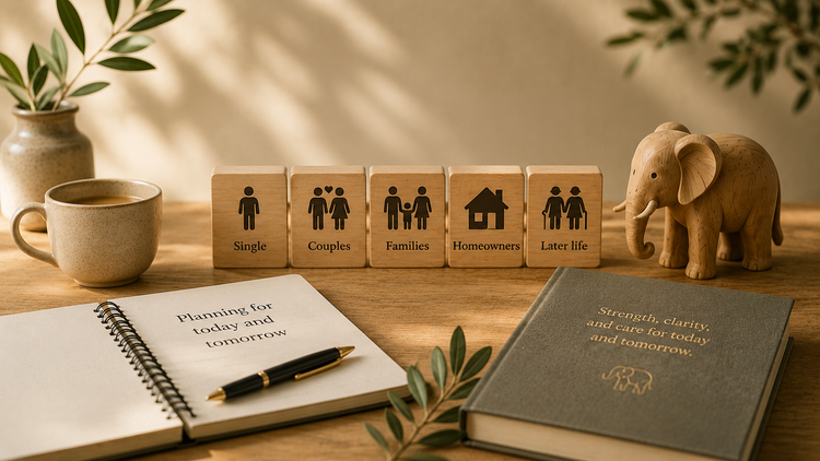 A calm tabletop arrangement representing different life events and the first steps in planning wills and Lasting Powers of Attorney