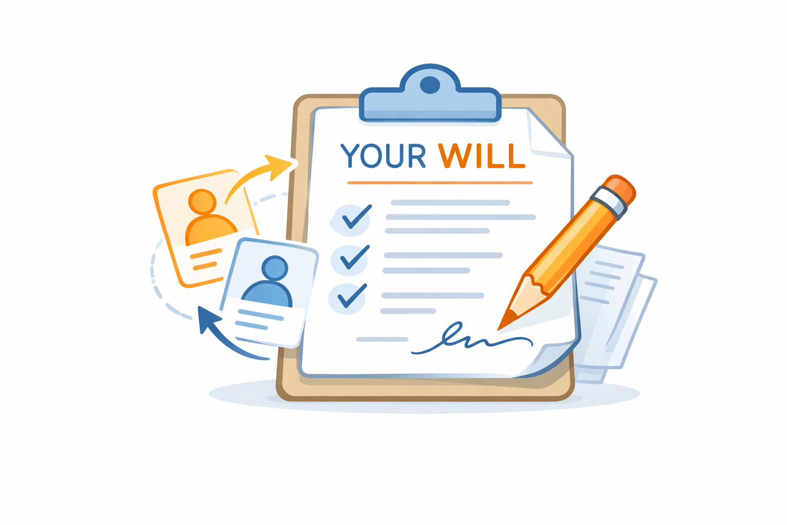 Clipboard titled “Your Will” with checkmarks and pencil, representing the drafting stage of preparing two wills.