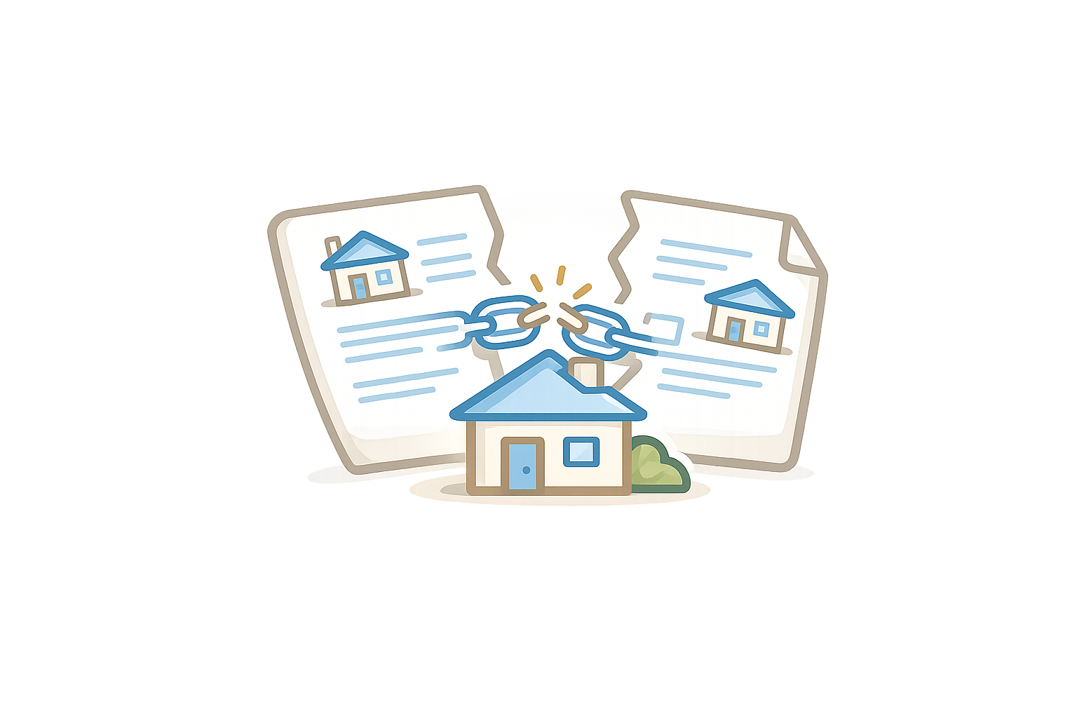 Illustration of two houses and a third house in the center, connected by broken chains, symbolizing real estate or property agreement.