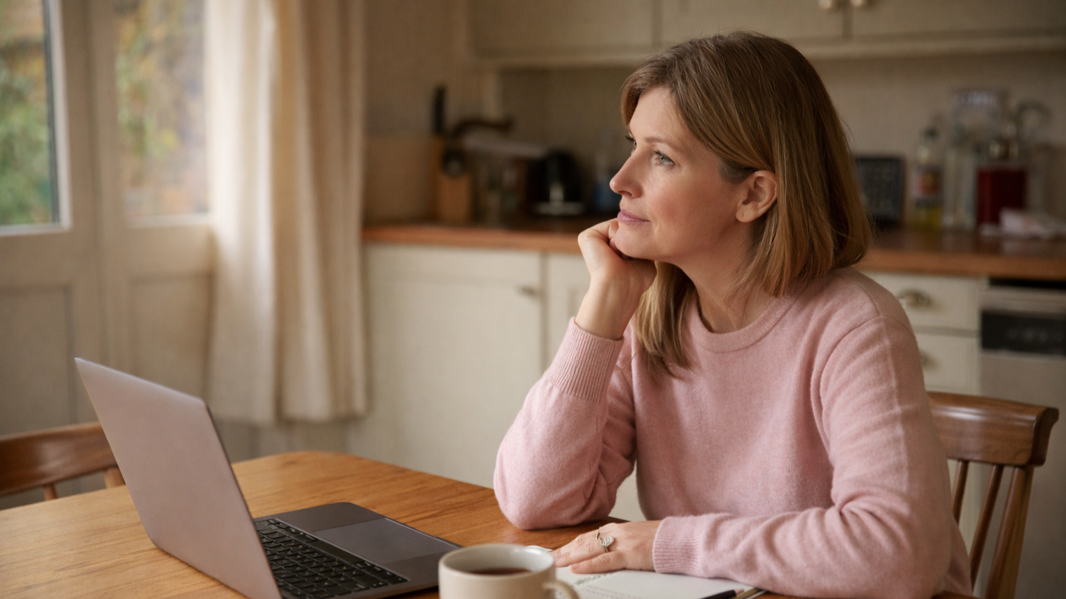Woman sitting thoughtfully at a kitchen table with a laptop, notebook and mug in natural daylight.