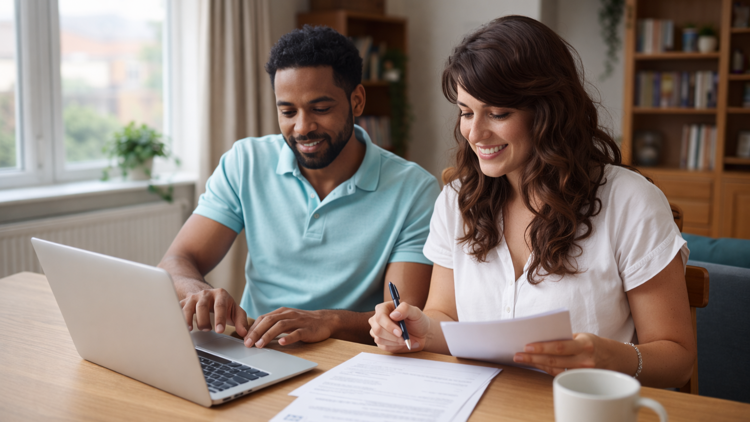Interracial couple sitting side by side at a dining table in a modest home, completing paperwork together on a laptop in natural daylight.