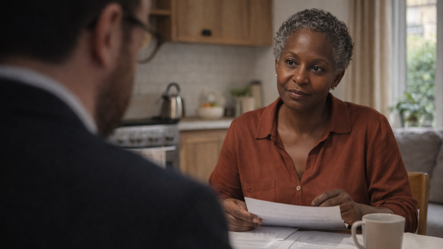 A woman in her 50’s sitting at a kitchen table talking to me (back of my shoulder and side view of my head).