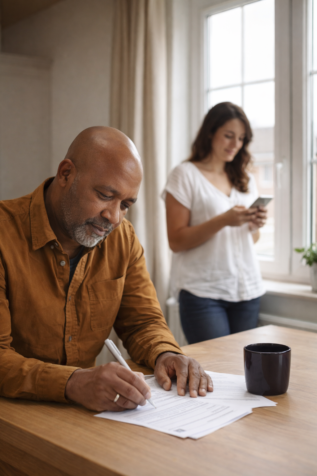 Interracial couple in a modest home, one seated at a dining table completing paperwork while the other stands by a window using a smartphone in natural daylight.