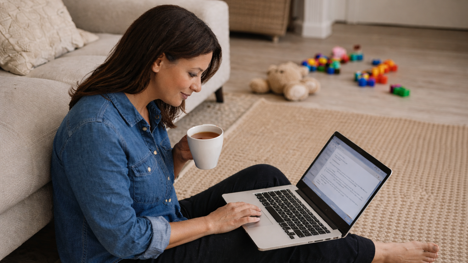 White woman in her 40s sitting on a living room floor with a laptop, reading an email while holding a mug, with a notebook beside her in natural light.