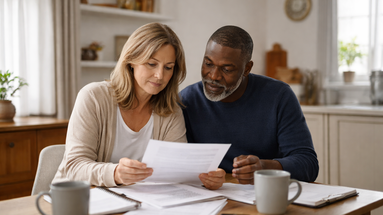 Two people (mixed race older couple) seated together at a kitchen table in a modest home, reading paperwork in natural light.