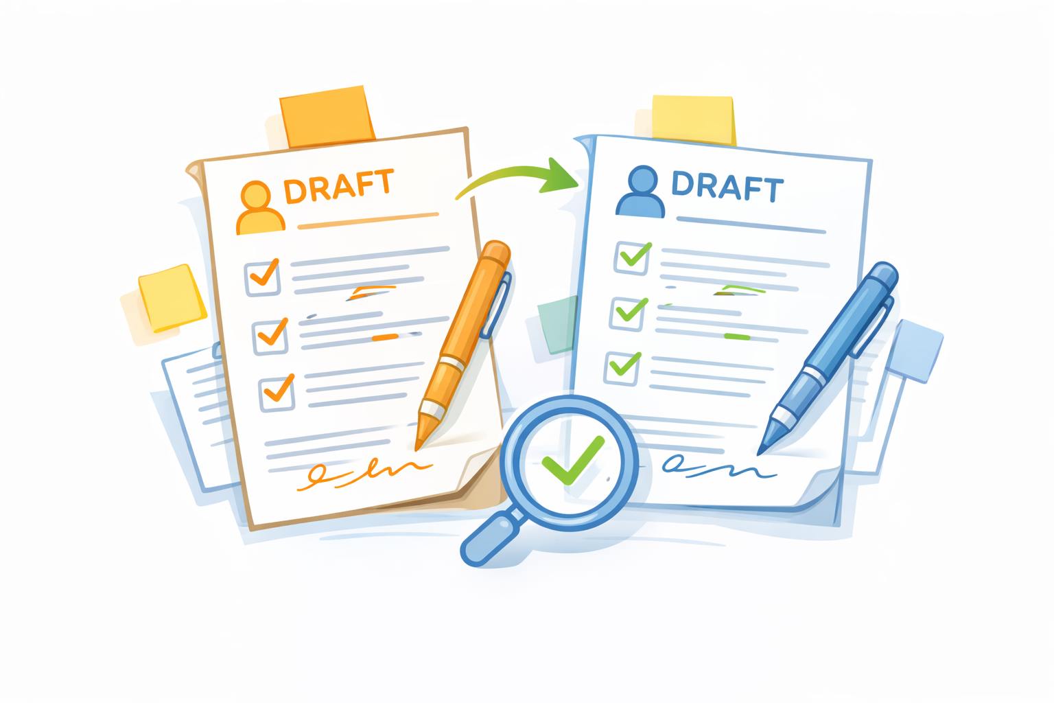 Two draft will documents with pens and a magnifying glass, representing review and amendments before finalisation.