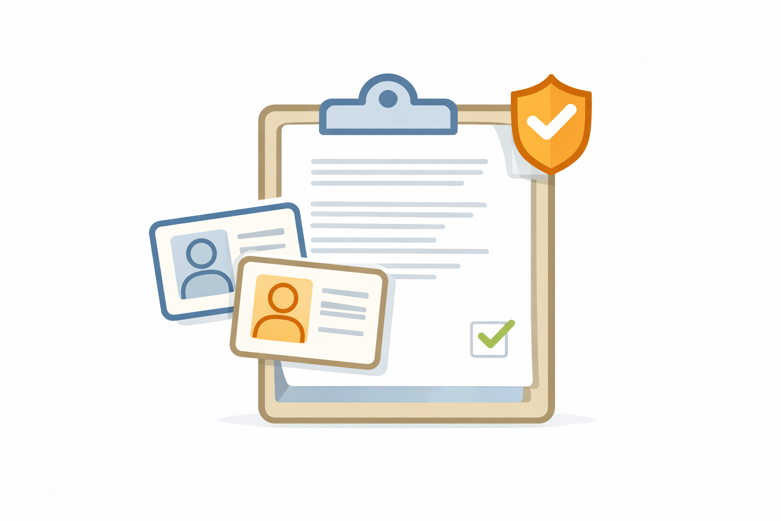Illustration of a clipboard with a document, two ID cards and a shield with a checkmark, representing secure identity checks and setting up the process for two wills.