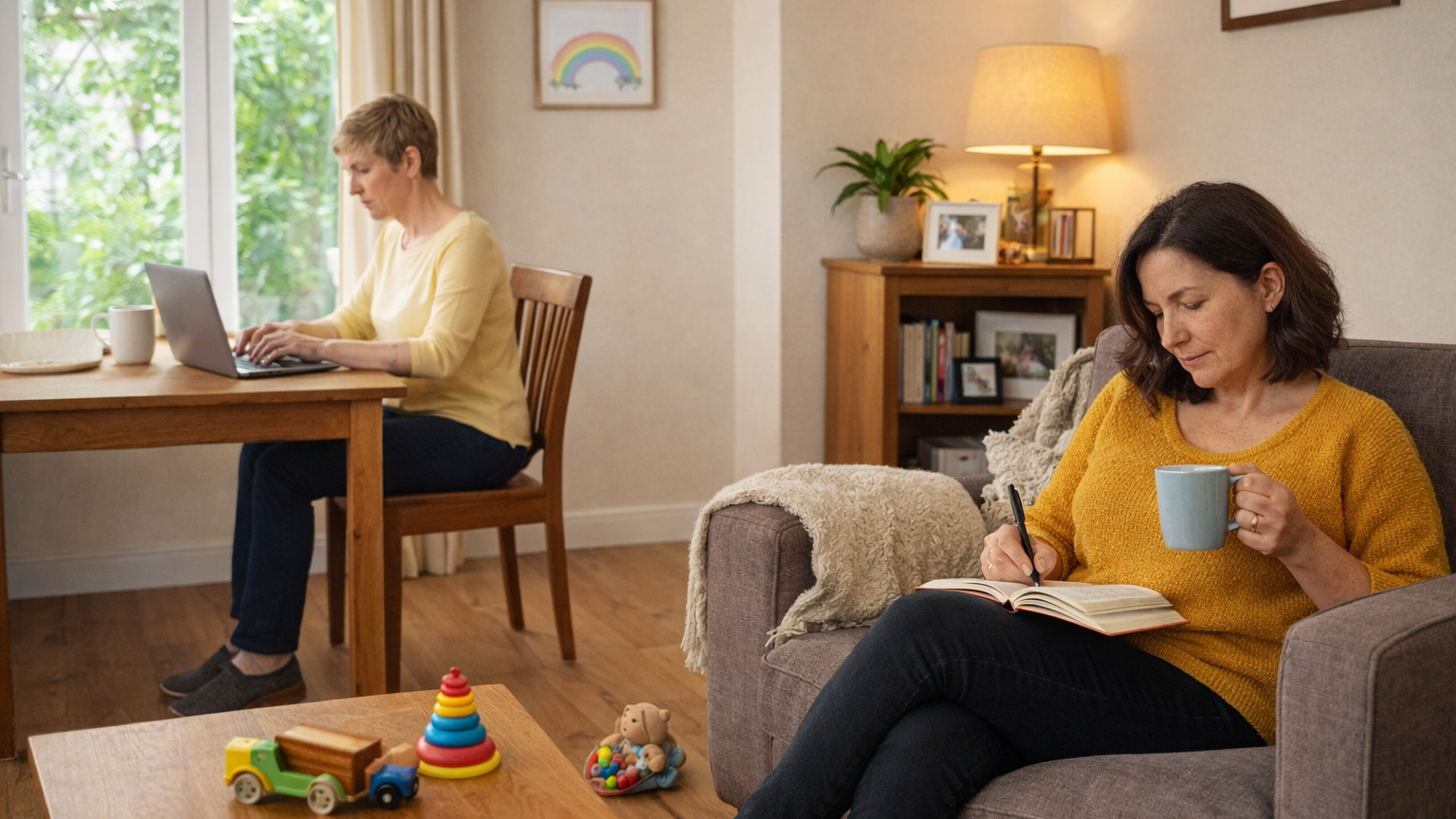 Two middle-aged women in a modest living room, one working on a laptop at a small dining table while the other writes in a notebook in an armchair, with children’s toys nearby suggesting visiting grandchildren.