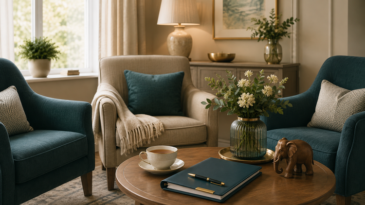 A calm retirement home lounge with comfortable chairs, tea, a notebook and a small wooden elephant