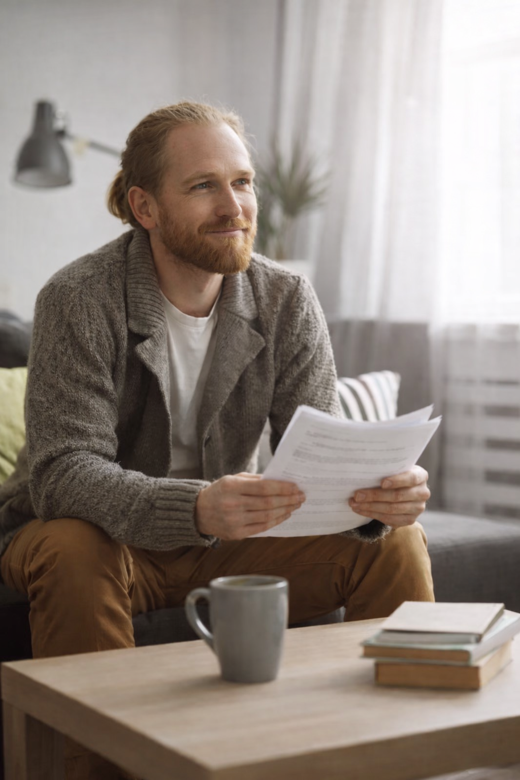 Single man in his 40s sitting in a modest living room, holding completed paperwork and looking reassured in soft natural light - portrait