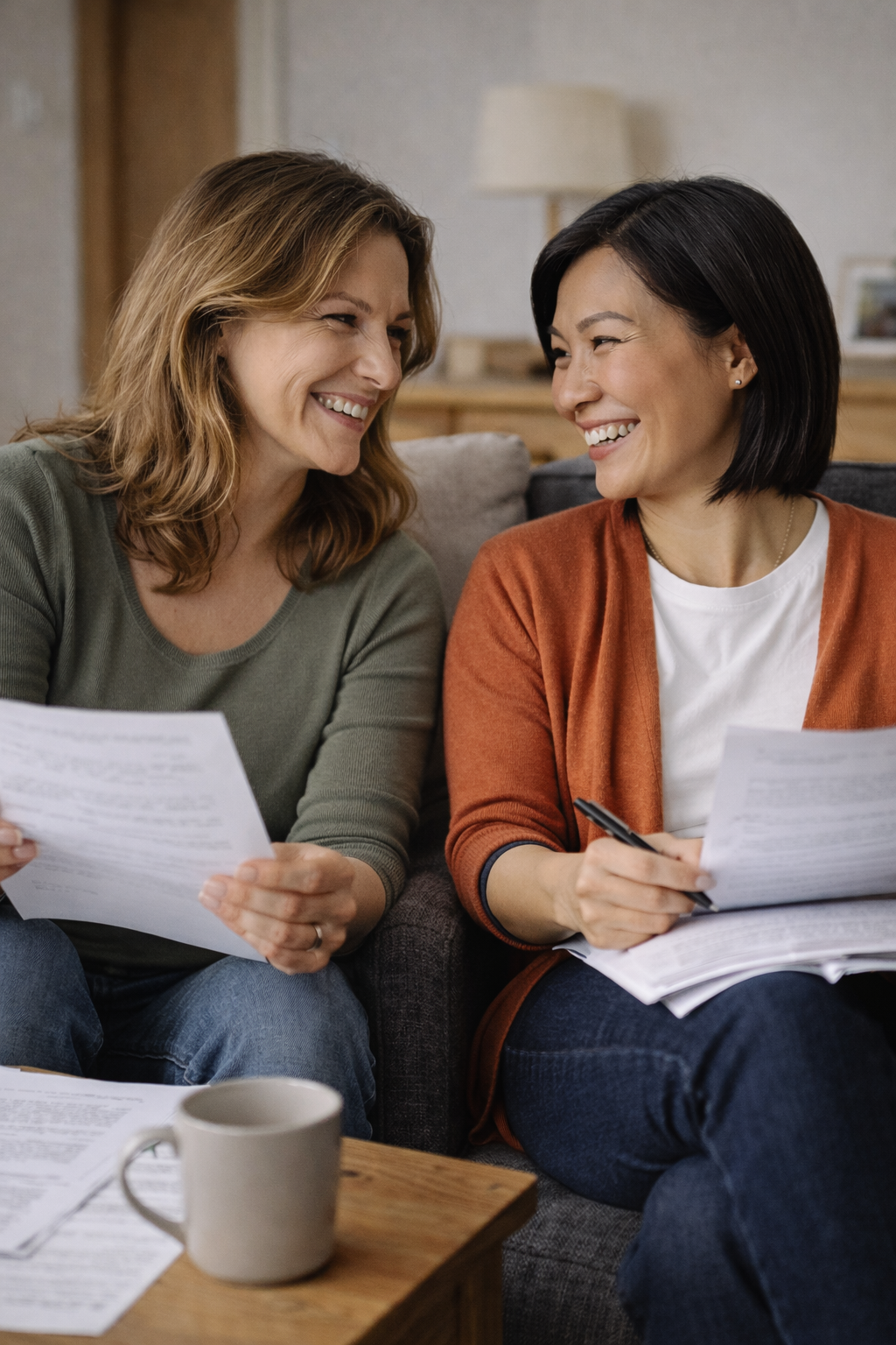 Two women in their 30s–40s, one white and one East Asian, sitting together in a modest living room, smiling at each other while reviewing separate documents.