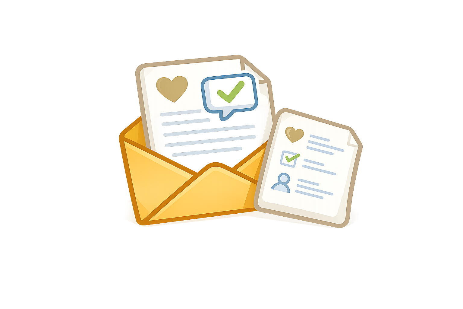 An open yellow envelope with two letters inside, one showing a green checkmark and a speech bubble, and the other displaying a heart, a green checkmark, and a profile icon.