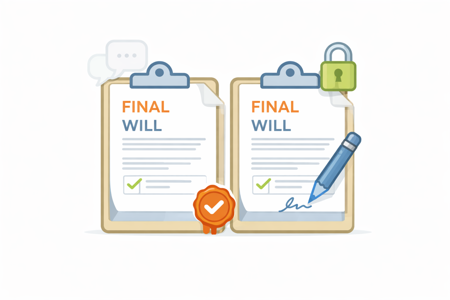 Illustration of two final wills on clipboards with checkmarks, a seal, a pen signing one document, and a padlock, representing finalising and completing two wills.