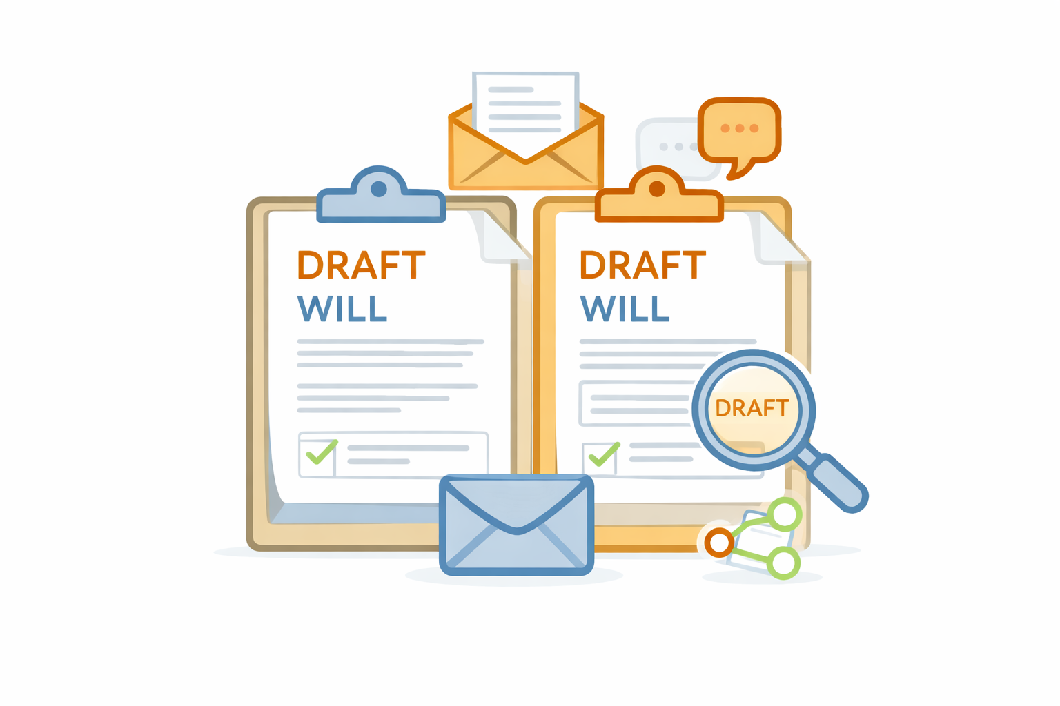 Illustration of two draft wills on clipboards with envelopes and a magnifying glass, representing written advice, agreement, and drafting for two wills.
