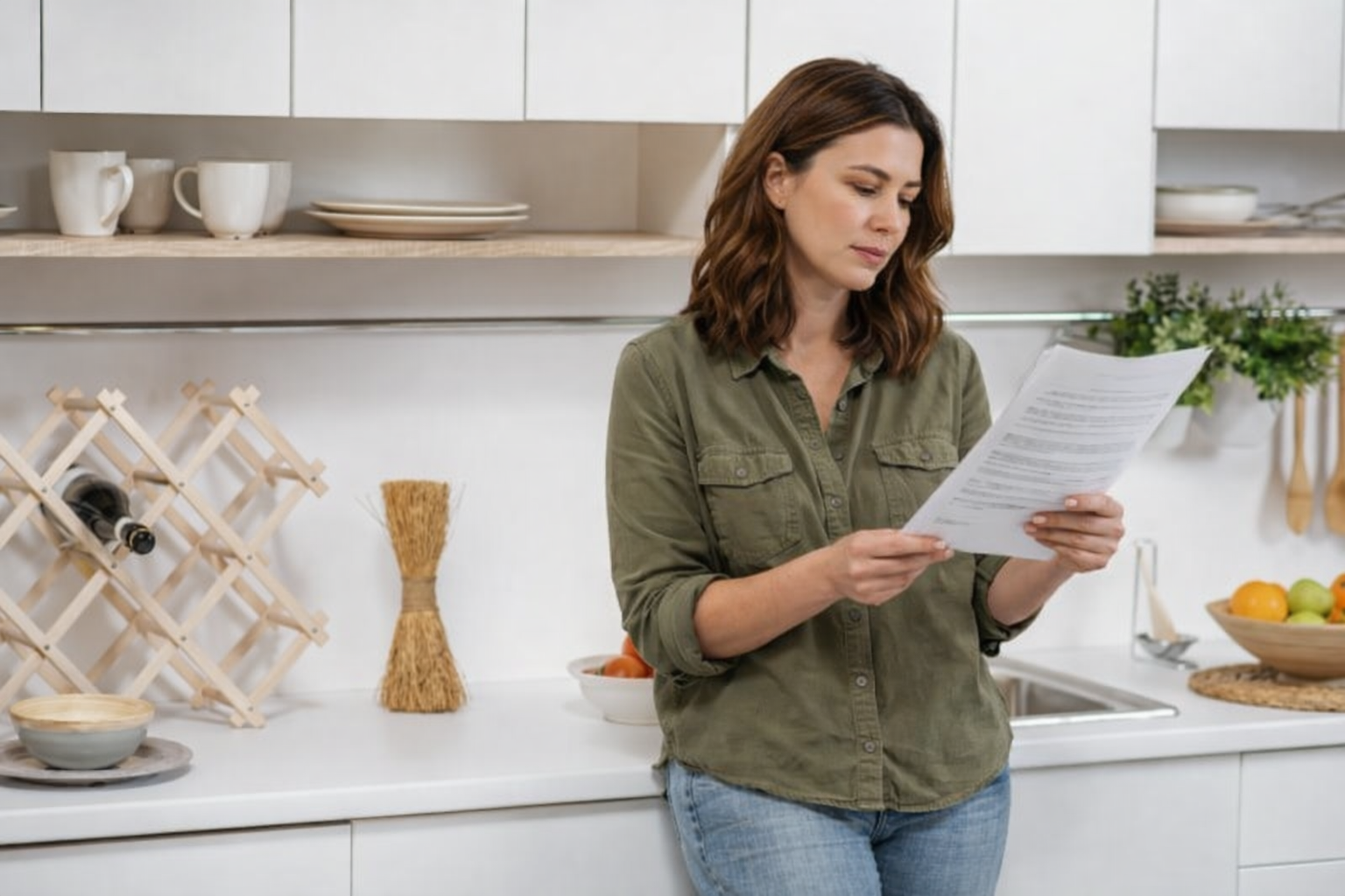 Single woman in her 40s standing at a kitchen counter in a modest home, calmly reading documents in natural light.