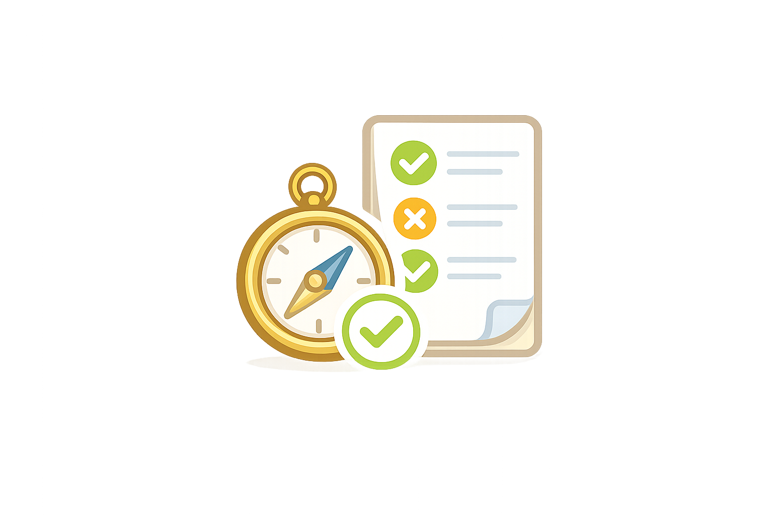 A gold stopwatch, a checklist with green check marks and one red cross, and a paper with filled and crossed out items, symbolizing time management and task completion.