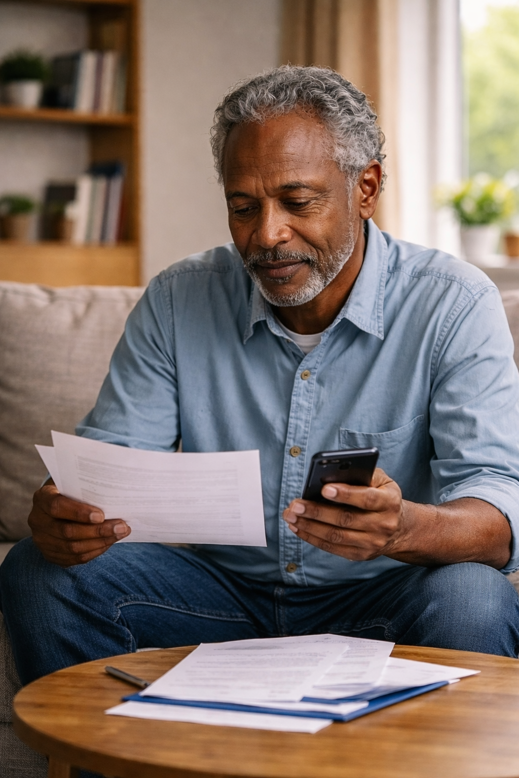 A man in his 60s sitting in a living room, reviewing paperwork while holding a smartphone in natural daylight.