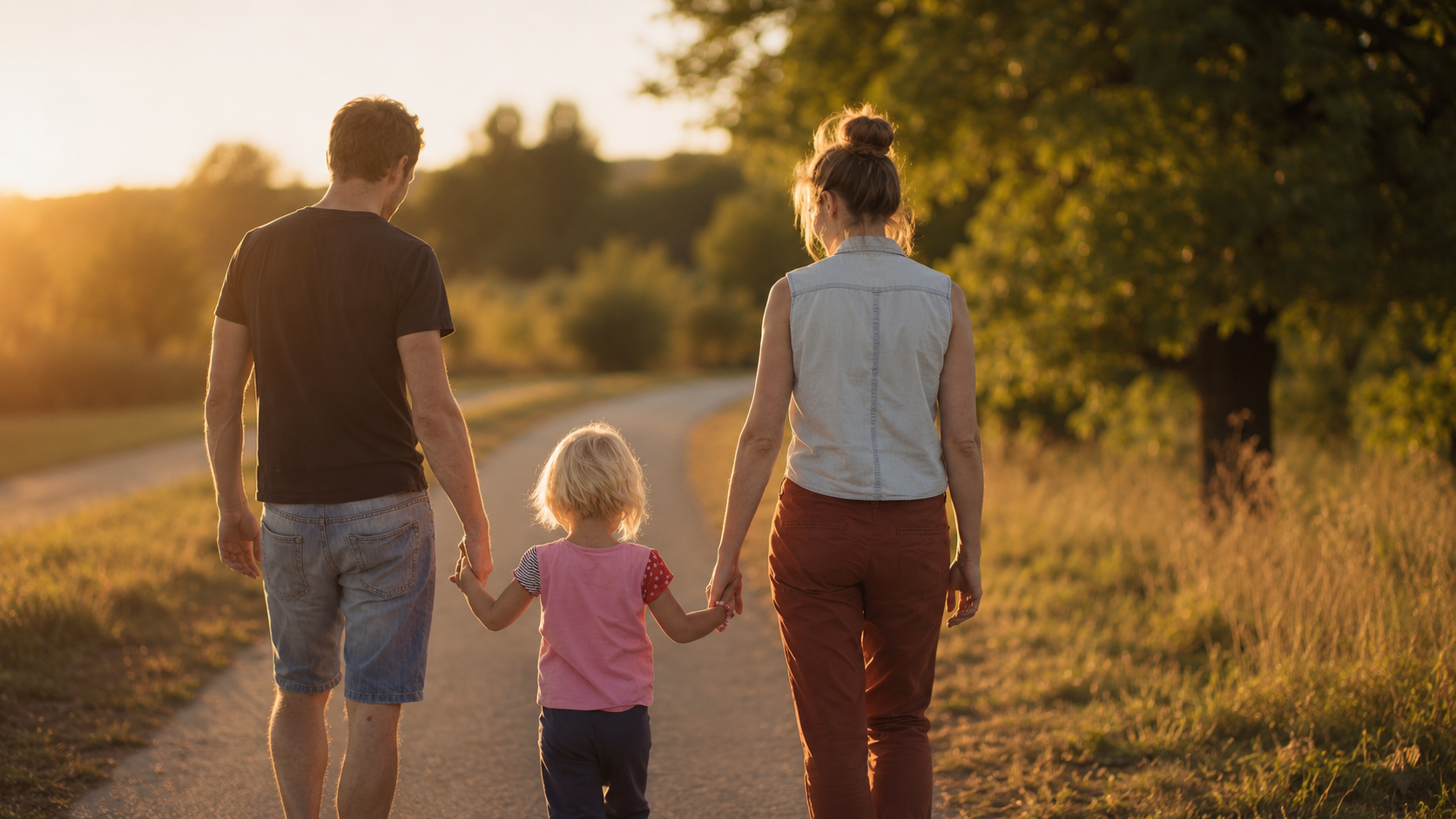 A family of four walking hand in hand on a dirt path in a park during sunset, with trees and greenery around.