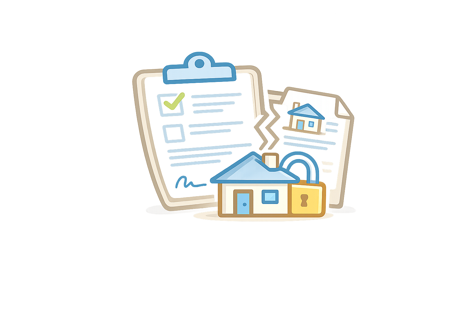 Illustration of a house, documents, and a lock, representing real estate and property security.