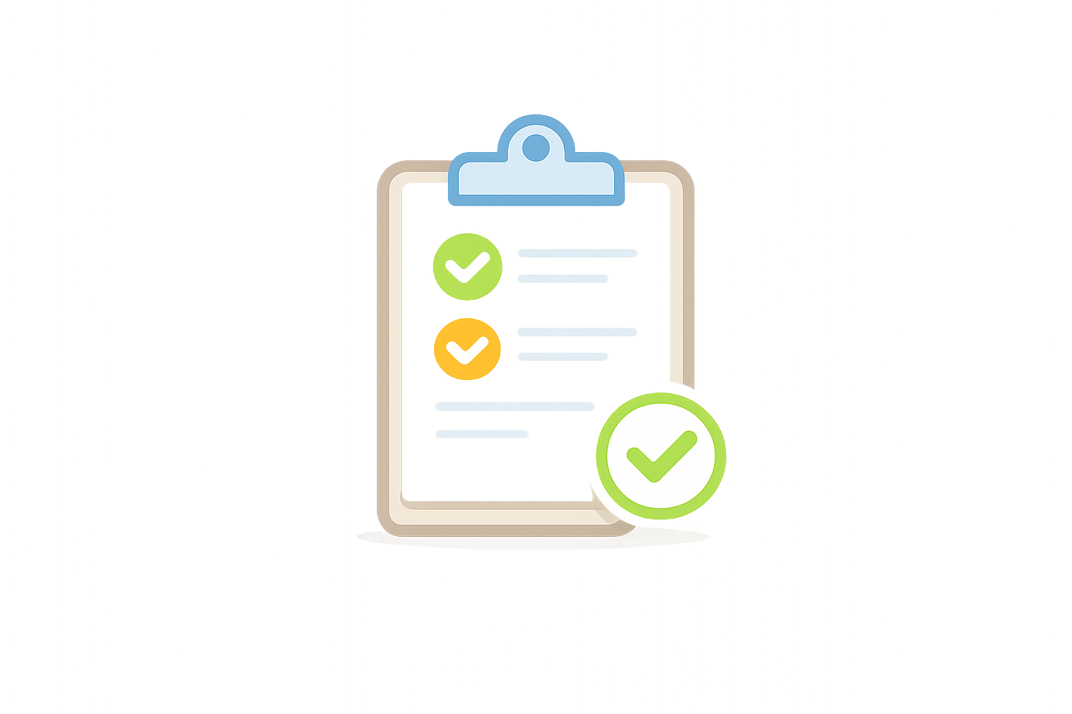 A digital checklist displayed on a smartphone screen with three items, two marked with green check marks, and a large green check mark icon at the bottom right corner.