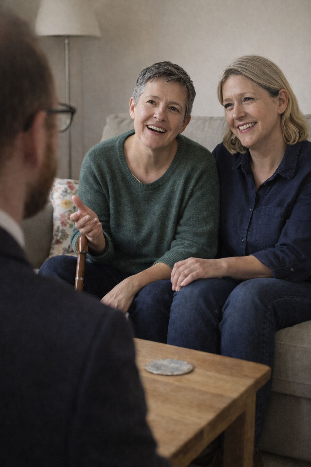 Lesbian couple in their 50s seated on a sofa, speaking with a professional advisor during a will-planning discussion.