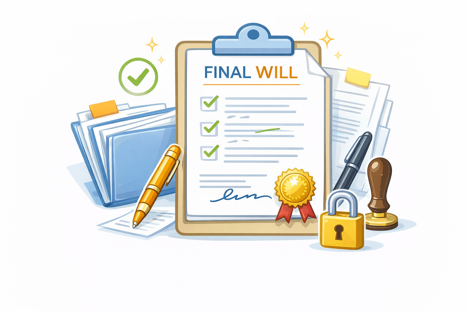 Final will document on a clipboard with seal and padlock, representing signing, witnessing and secure completion.