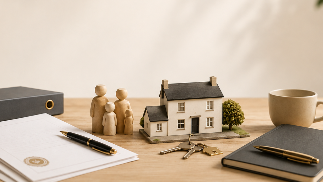 Model house, wooden family figurines, keys, notebook, pen, mug, and paperwork on a wooden desk.