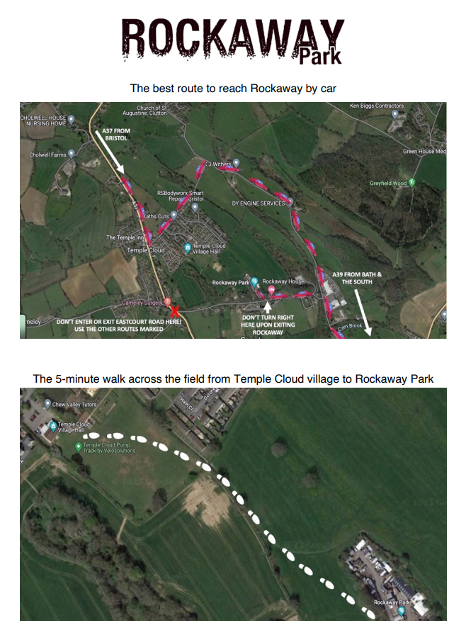 Map and directions to Rockaway Park from Temple Cloud village, showing route by car and a 5-minute walk path across fields.