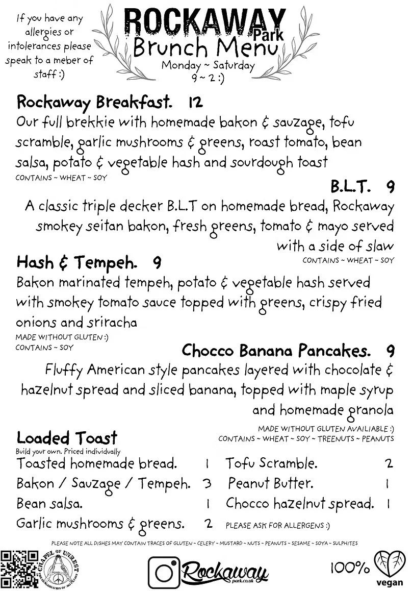 Rockaway Park brunch menu includes breakfast, BLT, hash & tempeh, banana pancakes, loaded toast, tofu scramble, peanut butter, and Chocco hazelnut spread, with prices listed. The menu notes allergen information and features vegan and gluten-free options.