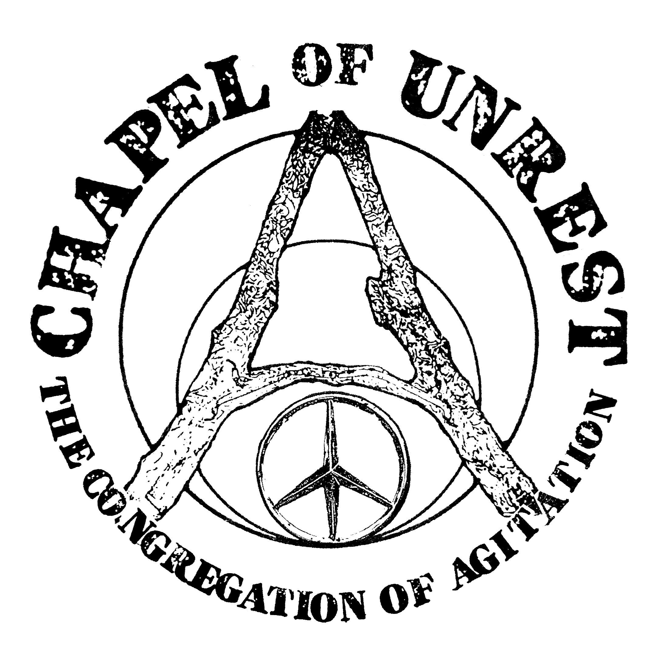 A circular logo with the text 'PEACE PAL OF UNREST THE CONGREGAtion of AGLITATION' encircling a peace symbol and a wooden peace sign with an Anarchy symbol.
