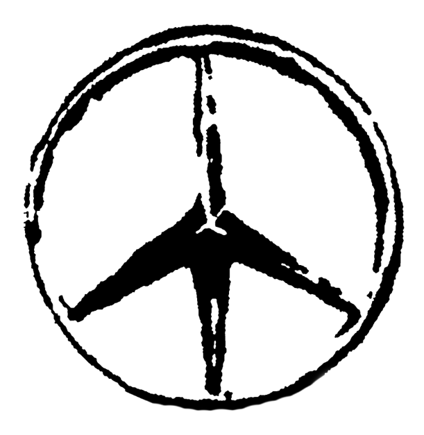 Peace sign inside a globe outline, made from a Mercedes car badge